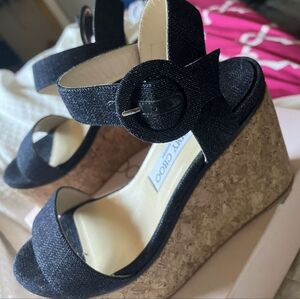 Jimmy Choo Abigail Denim Cork Wedge Sandal 38.5 Indigo